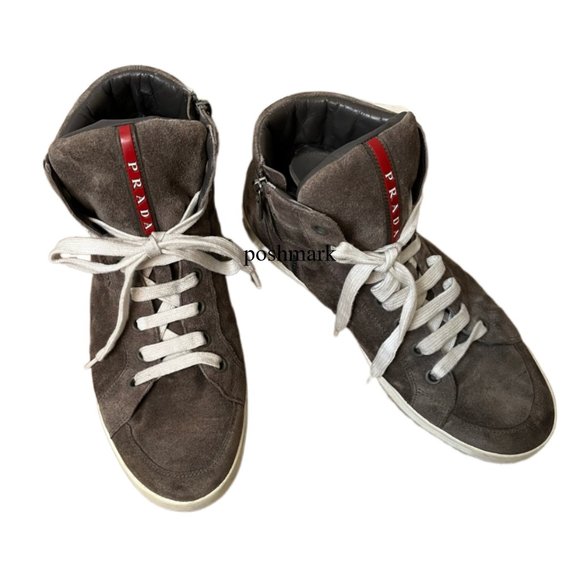 Men's Gray Prada Linea Rossa Suede Side Zip High Top Sneaker.  Size 8.5 - Picture 3 of 10